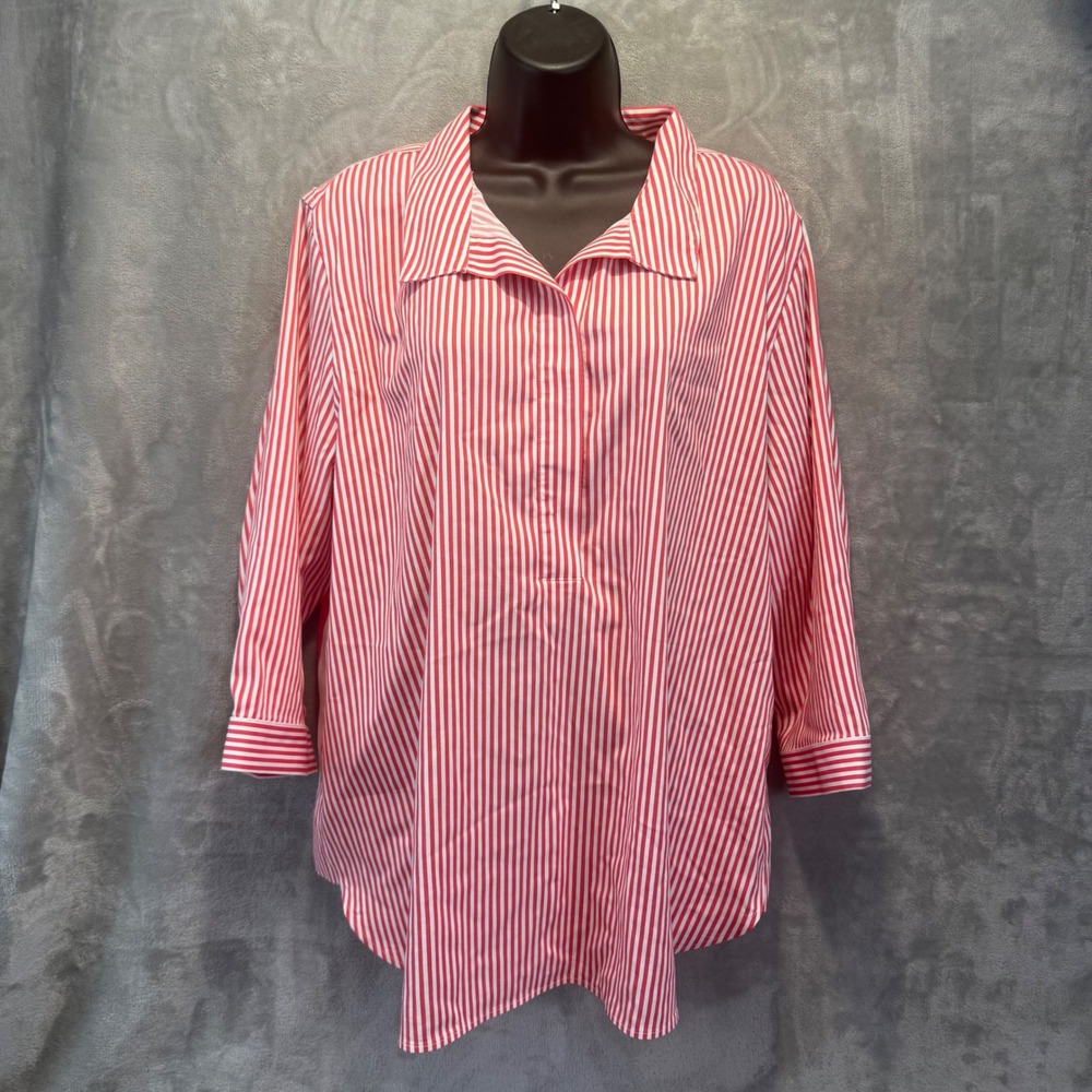 Chicos Button Back Tunic Shirt size 3 US 16/18 Cactus Blossom Red White Striped